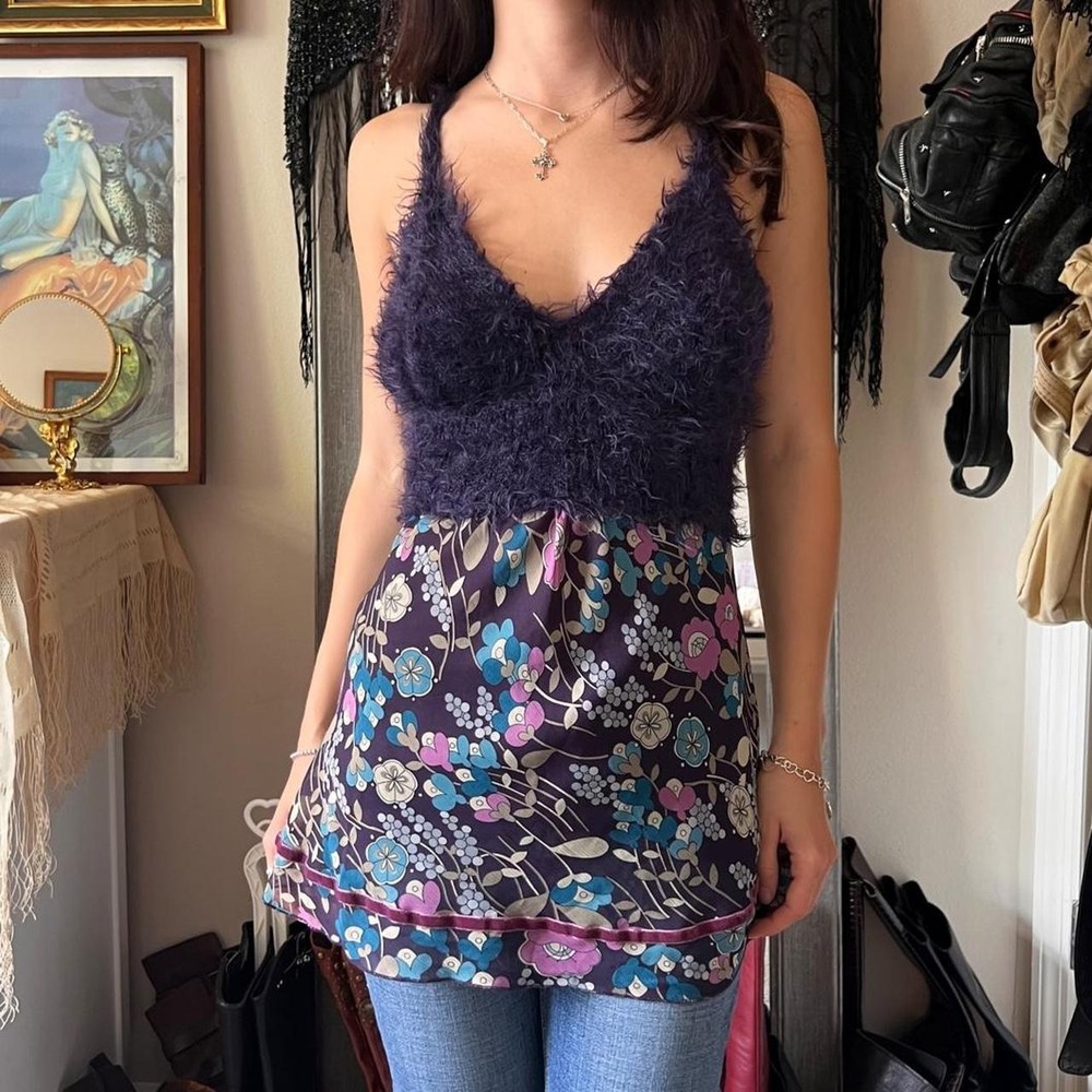 Gian Vargian Purple Floral Fuzzy Mohair Blend Tank Top Y2K Made in Italy M